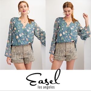 Easel | Camille Long Sleeve Floral Print Chiffon Surplice Bell Sleeve Blouse M